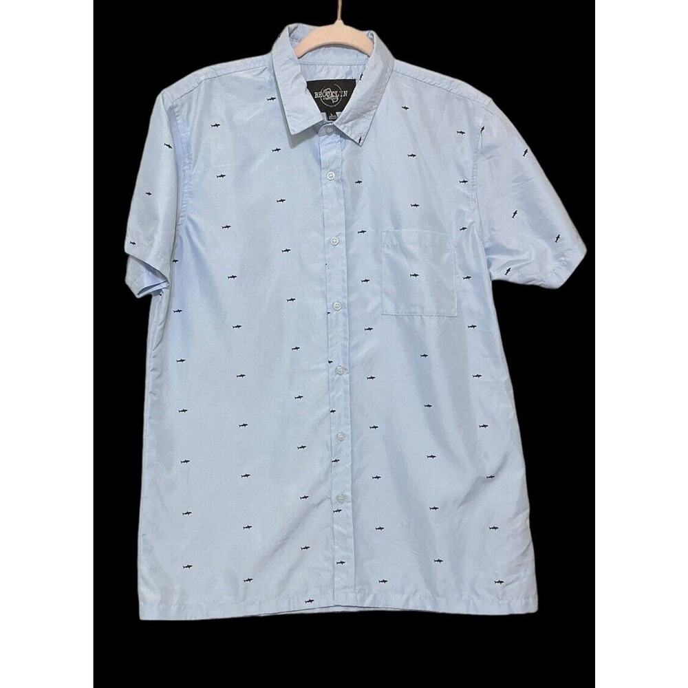 Mens‎ BROOKLYN STANDARD L Button Down Polyester Short Sleeve Shark Print Shirt